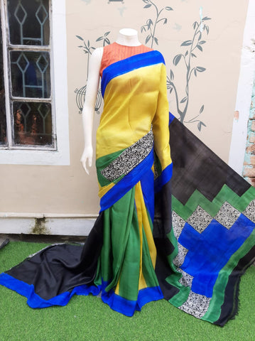 Yellow Block Printed Pure Silk Mark Certified Bishnupuri Silk Sarees