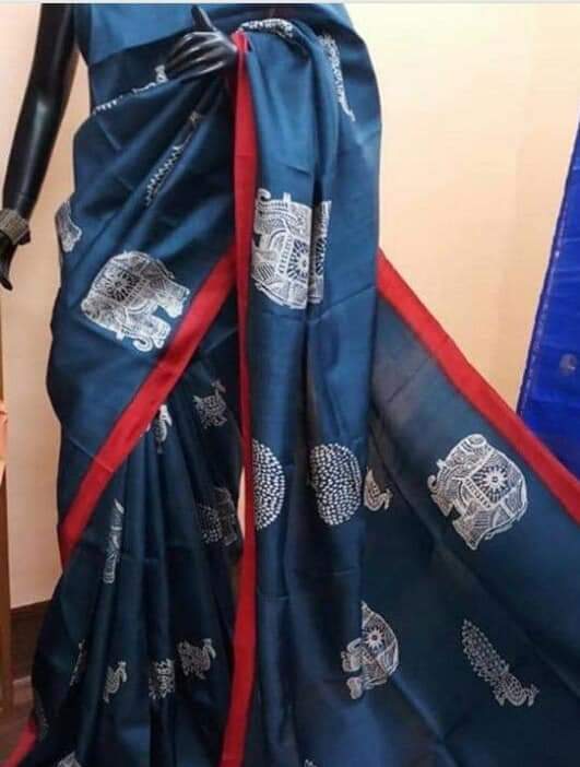 Denim Blue Block Printed Pure Silk Mark Certified Bishnupuri Silk Sarees