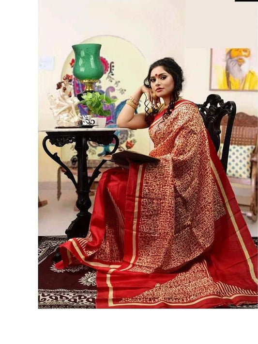 Code Red Block Printed Pure Silk Mark Certified Bishnupuri Silk Sarees