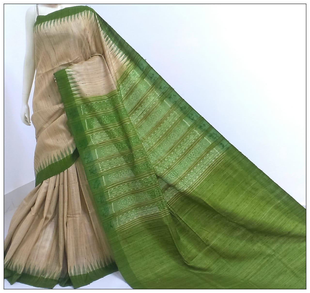 Beige & Green Sambalpuri Pure Silk Mark Certified Tussar Ghicha Silk Sarees - Dailybuyys