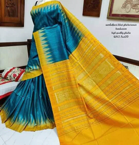 Saphire Blue & Yellow Sambalpuri Pure Silk Mark Certified Tussar Ghicha Silk Sarees - Dailybuyys