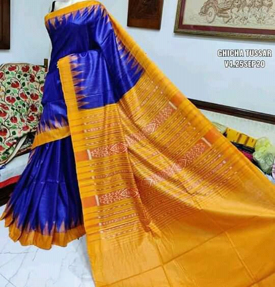 Persian Blue & Yellow Beige Sambalpuri Pure Silk Mark Certified Tussar Ghicha Silk Sarees