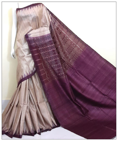 Boysenberry Violet Beige Sambalpuri Pure Silk Mark Certified Tussar Ghicha Silk Sarees