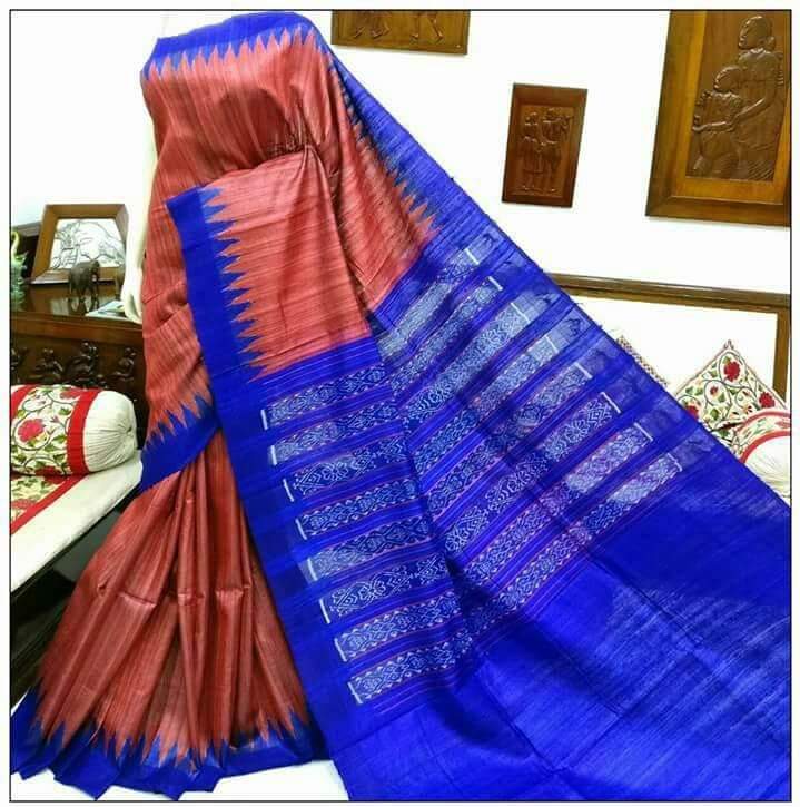 Beige Coral & Blue Shades Sambalpuri Pure Silk Mark Certified Tussar Ghicha Silk Sarees - Dailybuyys