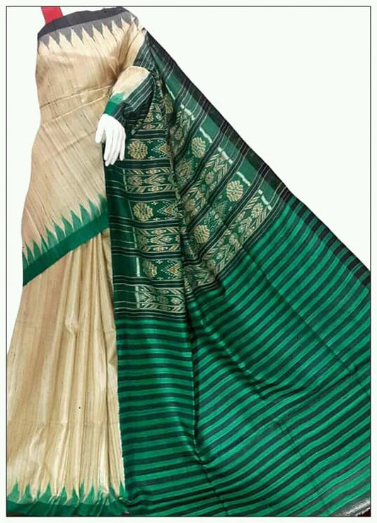 Beige and Green Temple Border Sambalpuri Pure Silk Mark Certified Tussar Ghicha Silk Sarees