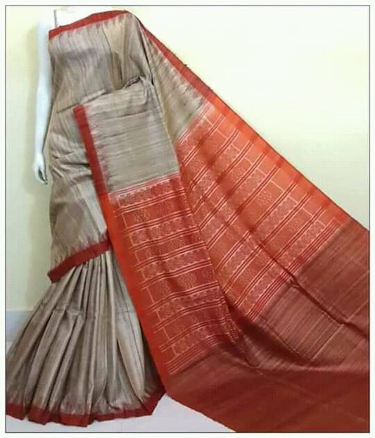 Beige & Orange Shade Sambalpuri Pure Silk Mark Certified Tussar Ghicha Silk Sarees