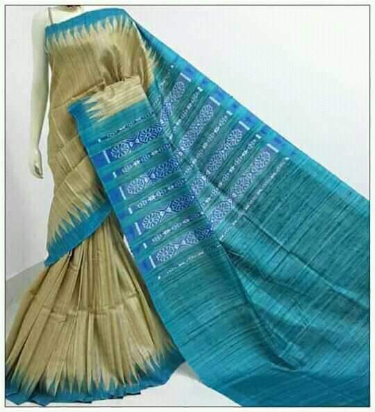 Beige & Sky Blue Sambalpuri Pure Silk Mark Certified Tussar Ghicha Silk Sarees - Dailybuyys