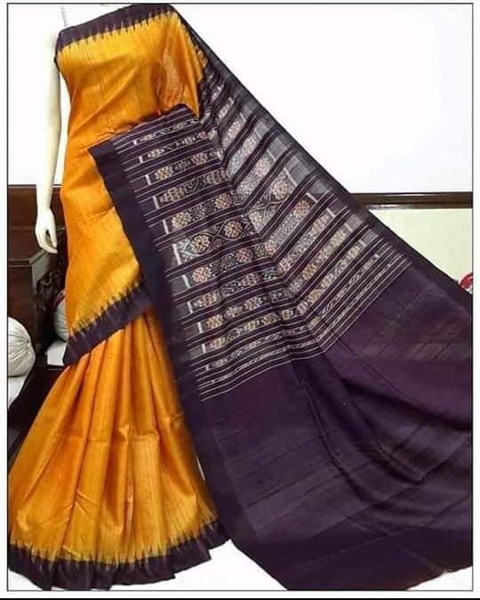 Beige Yellow & Dark Purple Sambalpuri Pure Silk Mark Certified Tussar Ghicha Silk Sarees - Dailybuyys