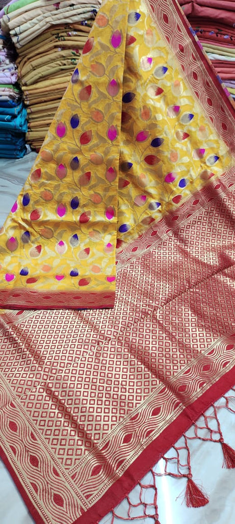 Beige Yellow & Red Nimjori Bangalore Soft Handloom Silk Sarees