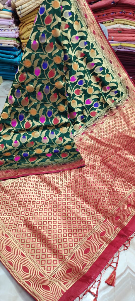 Pine Green Minakari Nimjori Bangalore Soft Handloom Silk Sarees
