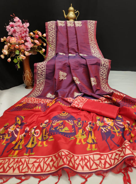 Boysenberry Violet & Red Handwoven Pure Raw Silk Sarees