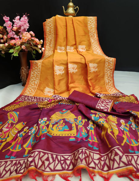 Fire Yellow & Mulberry Shades Handwoven Pure Raw Silk Sarees