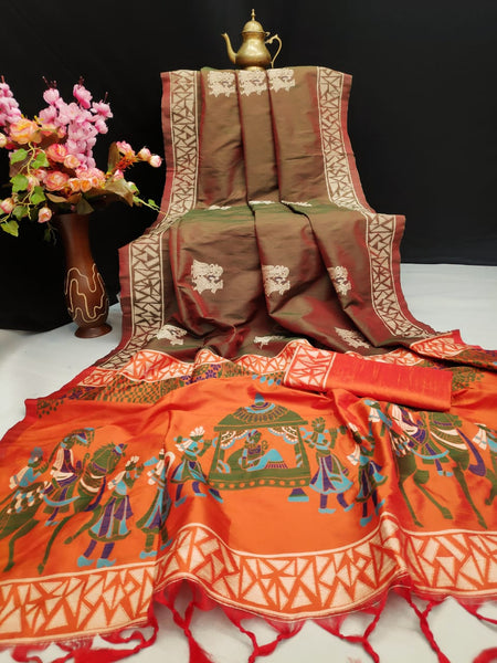 Beige Orange Handwoven Pure Raw Silk Sarees