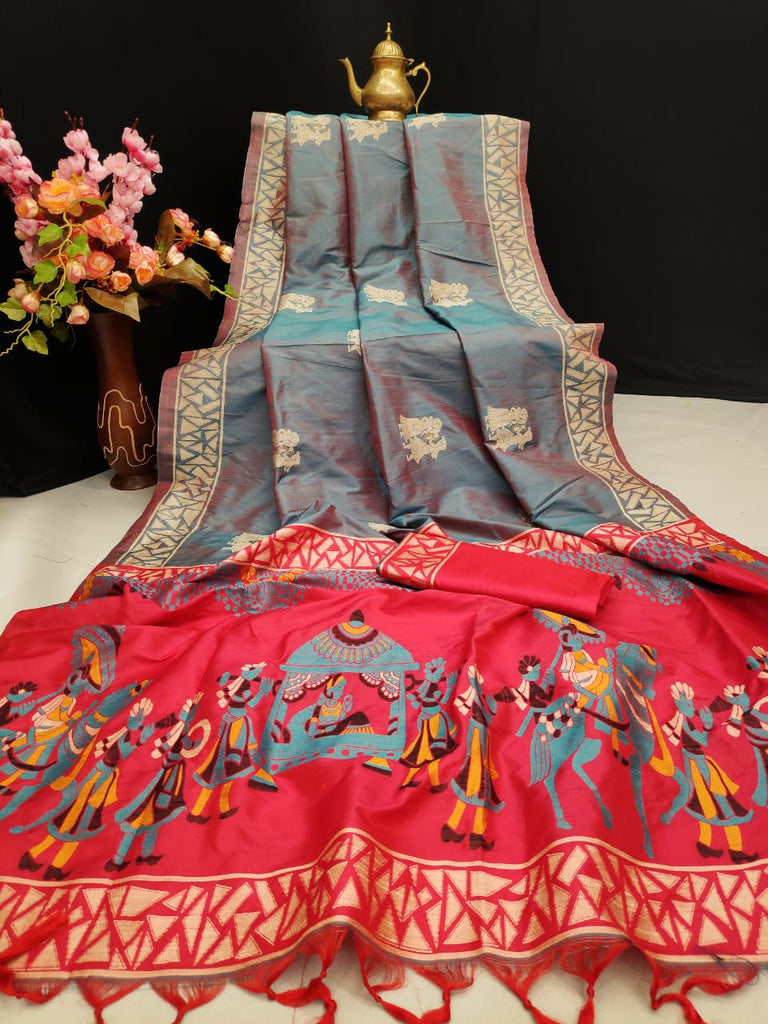 Sea Blue and Red  Beige Handwoven Pure Raw Silk Sarees