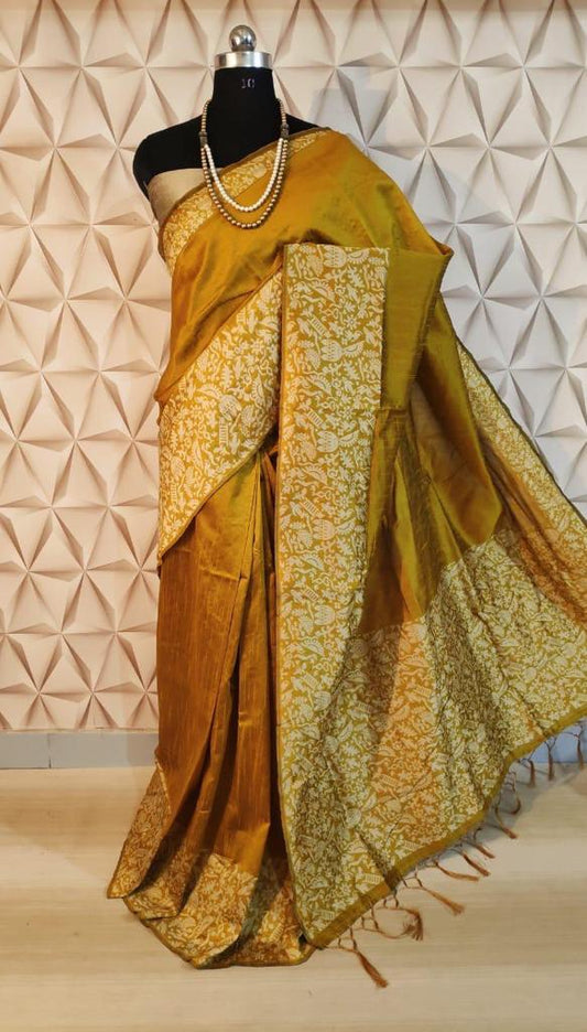 Mustard Yellow & White Work Border Pure Pure Silk Mark Certified Tussar Ghicha Silk Saree