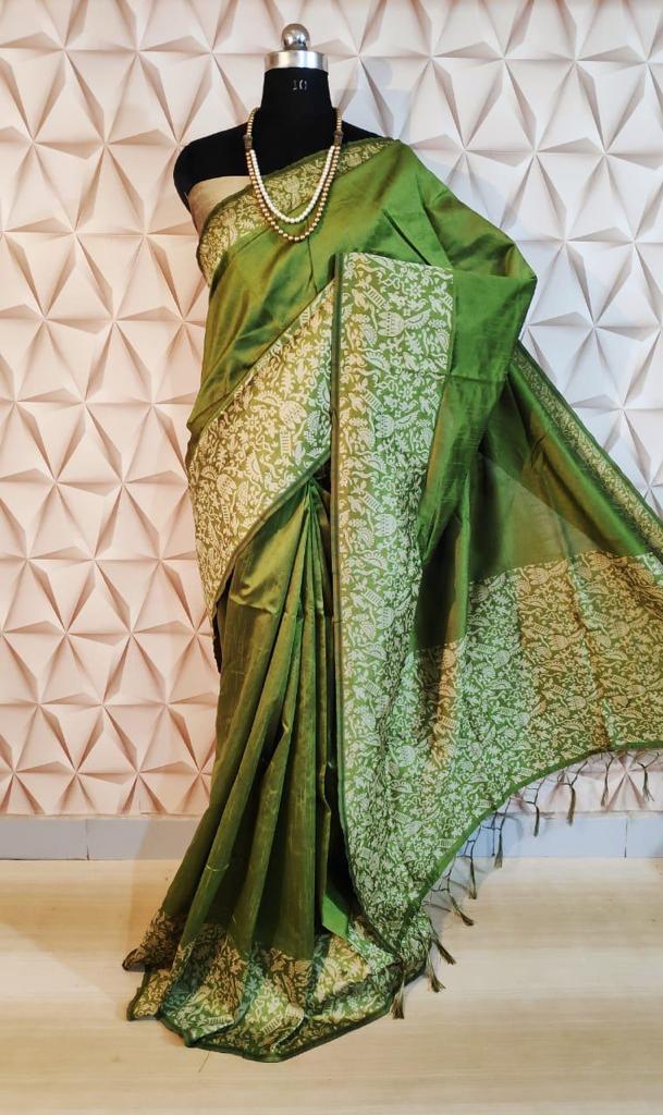 Sea Green & White Work Border Pure Pure Silk Mark Certified Tussar Ghicha Silk Saree