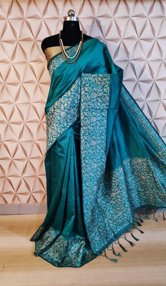 Sea Blue & White Work Border Pure Pure Silk Mark Certified Tussar Ghicha Silk Saree