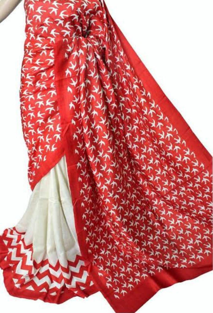 Red & White Block Printed Pure Silk Mark Certified Bishnupuri Silk Sarees