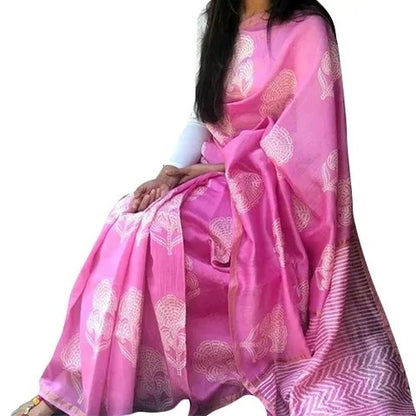 Pink Block Printed Pure Silk Mark Certified Bishnupuri Silk Sarees