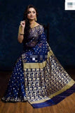Royal Blue Matka Silk Mark Certified Muslin Jamdani Sarees Get Extra 10% Discount on All Prepaid Transaction