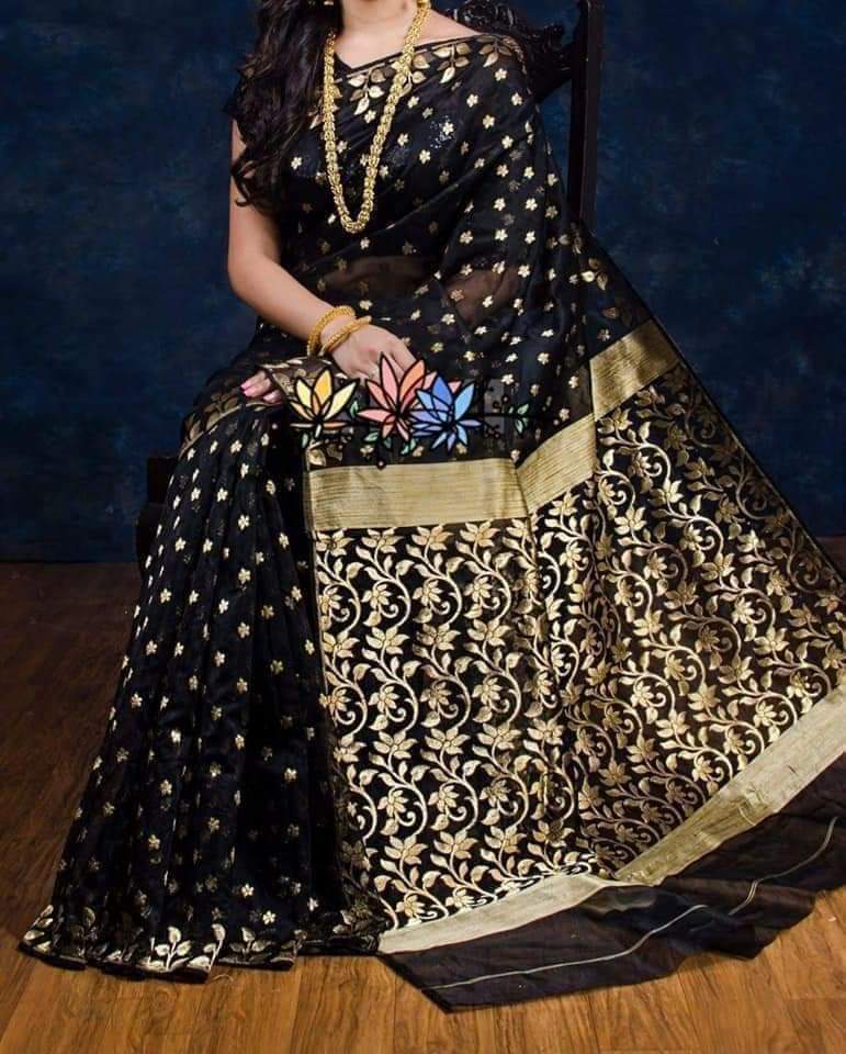 Pure Black Matka Silk Mark Certified Muslin Jamdani Sarees