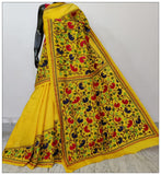 Pure Yellow Hand Embroidery Kantha Stitch Saree on Pure Bangalore Silk