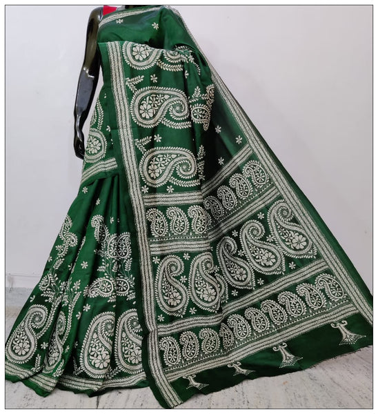 Deep Green Hand Embroidery Kantha Stitch Saree on Pure Bangalore Silk