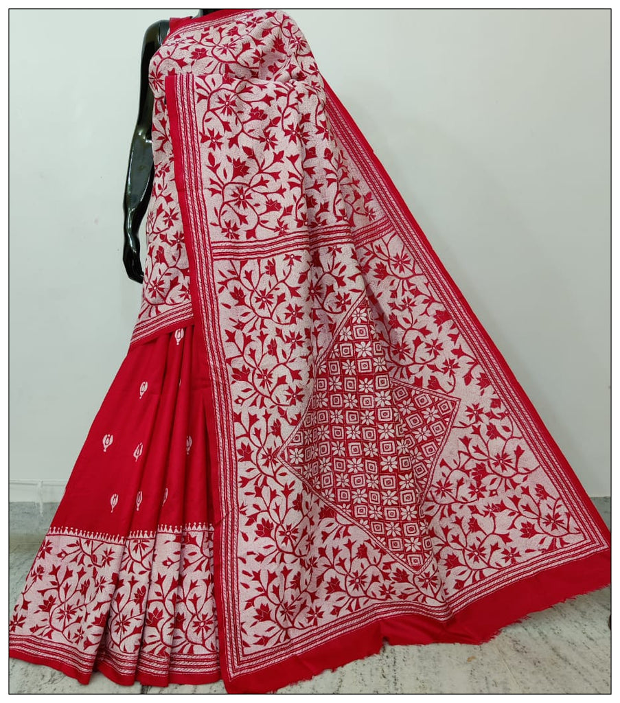 Red & White Hand Embroidery Kantha Stitch Saree on Pure Bangalore Silk