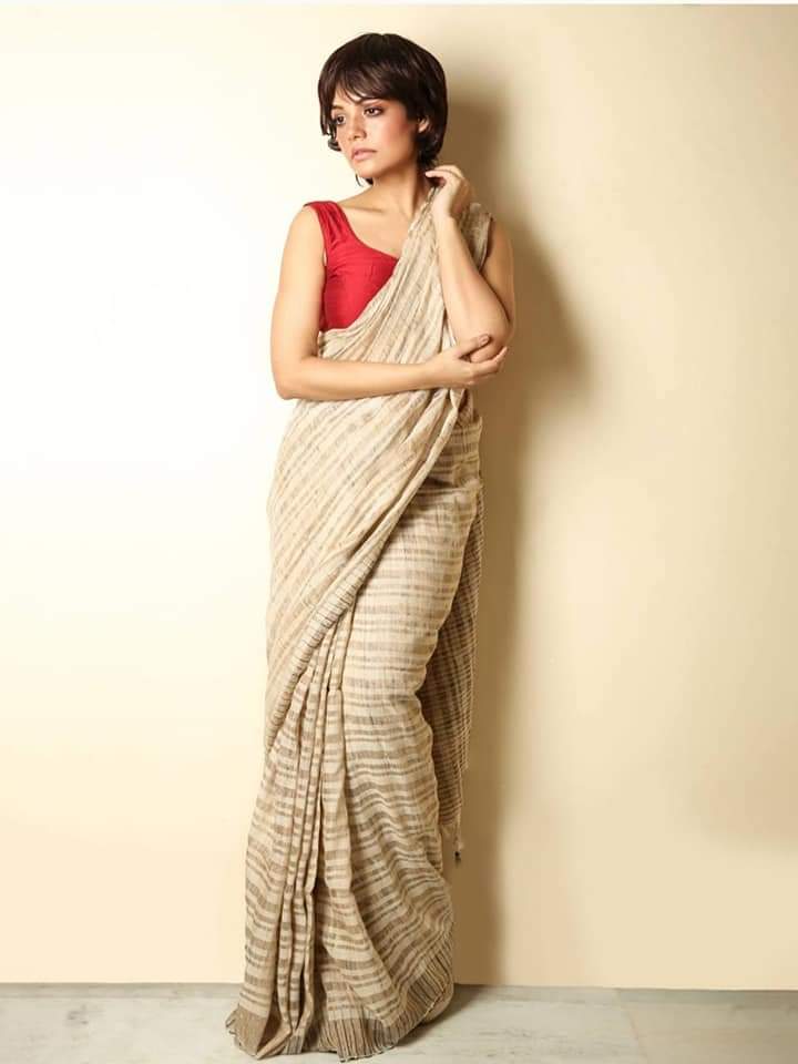 Beige Off White Pure Ketia Silk Handloom Saree