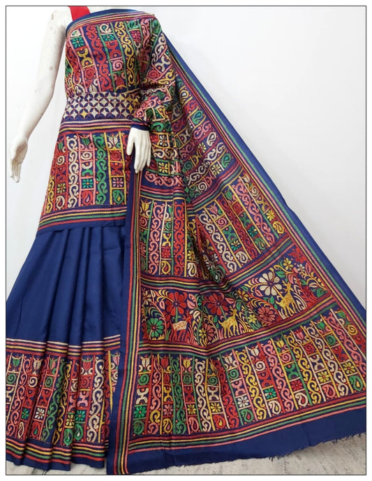 Royal Blue Hand Embroidery Kantha Stitch Saree on Pure Bangalore Silk