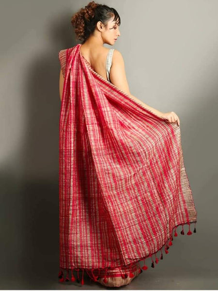 Beige Red Pure  Ketia Silk Handloom Saree