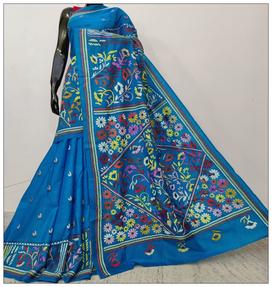 Sky Blue Hand Embroidery Kantha Stitch Saree on Pure Bangalore Silk