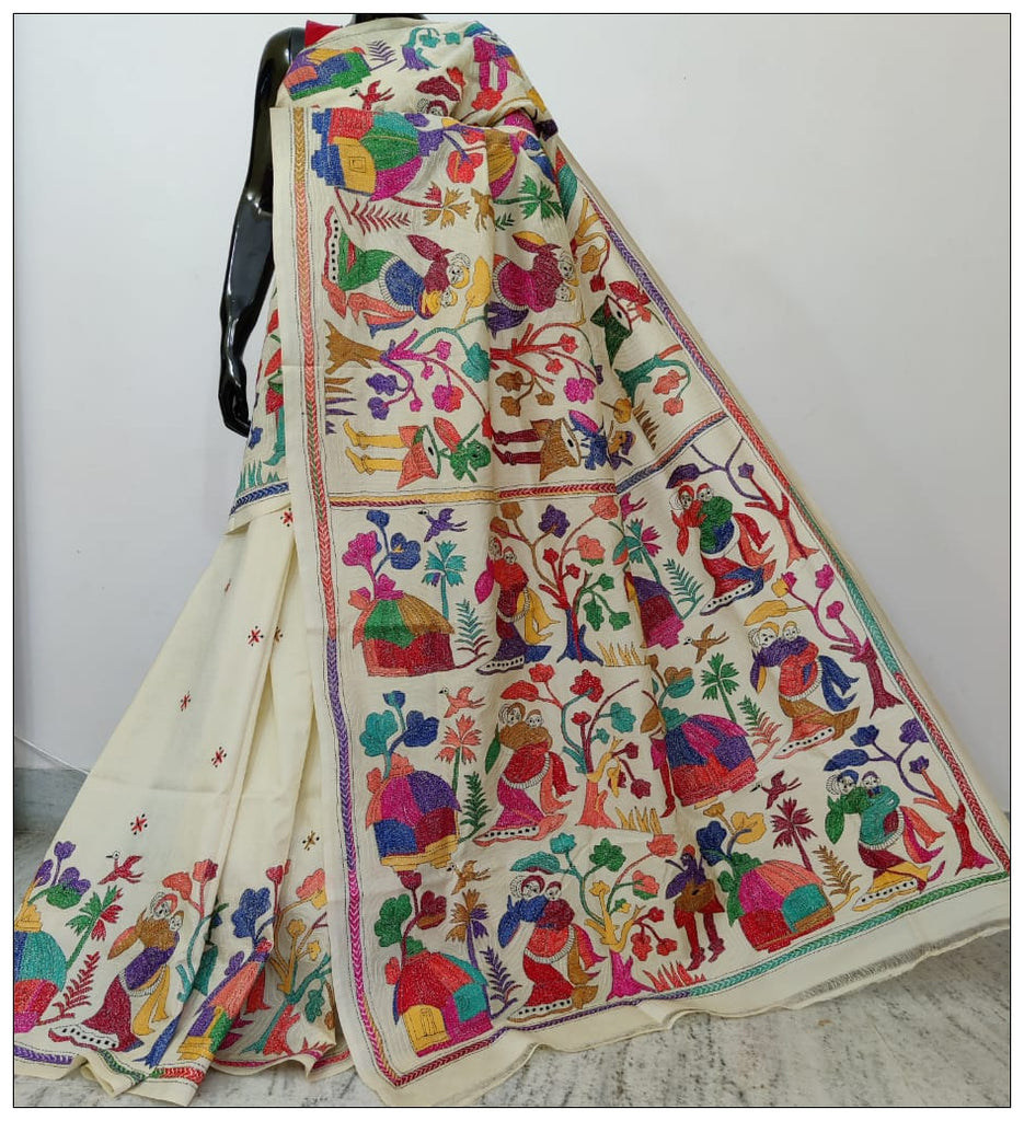 White Hand Embroidery Kantha Stitch Saree on Pure Bangalore Silk