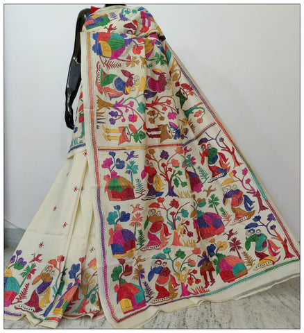 White Hand Embroidery Kantha Stitch Saree on Pure Bangalore Silk