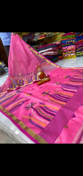 Fuscia Pink Pure Silk Mark Certified Muslin Jamdani Sarees
