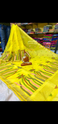 Yellow Pure Silk Mark Certified Muslin Jamdani Sarees Get Extra 10% Discount on All Prepaid Transaction