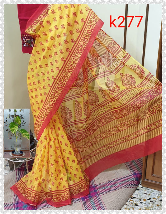 Yellow And Red Block Printed Pure Pure Cotton KK Kota Doriya Sarees