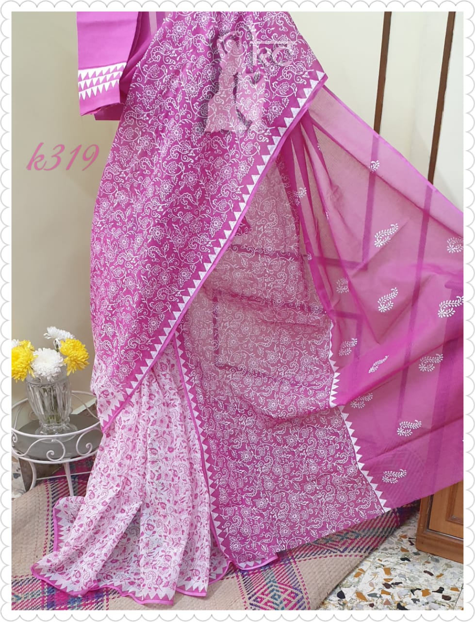 Purple And White Block Printed Pure Pure Cotton KK Kota Doriya Sarees