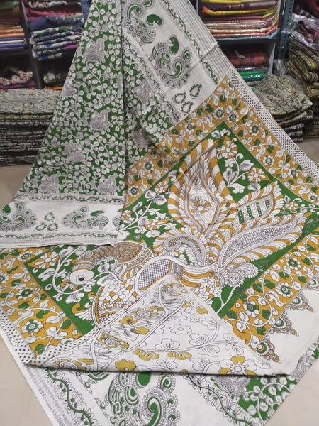 Beige Green And Yellow Pure Pure Cotton Kalamkari Sarees