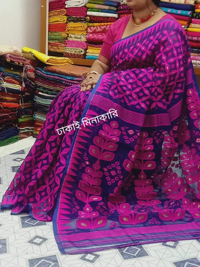 Royal blue And Purple Minakari Work Pure Pure Cotton Dhakai Jamdani Sarees Get Extra 10% Discount on All Prepaid Transaction