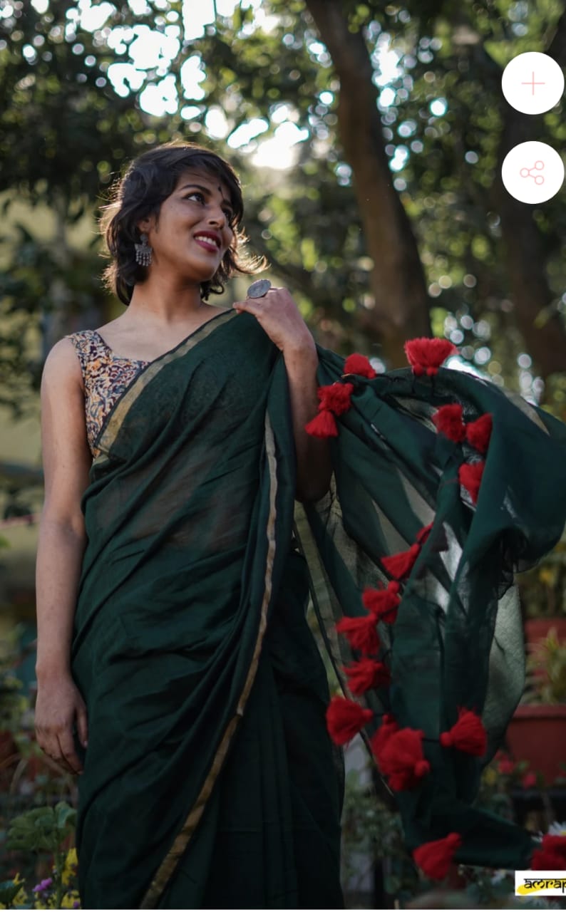 Pine Green With Pompom Pallu Kota Silk Viscose Sarees - Dailybuyys