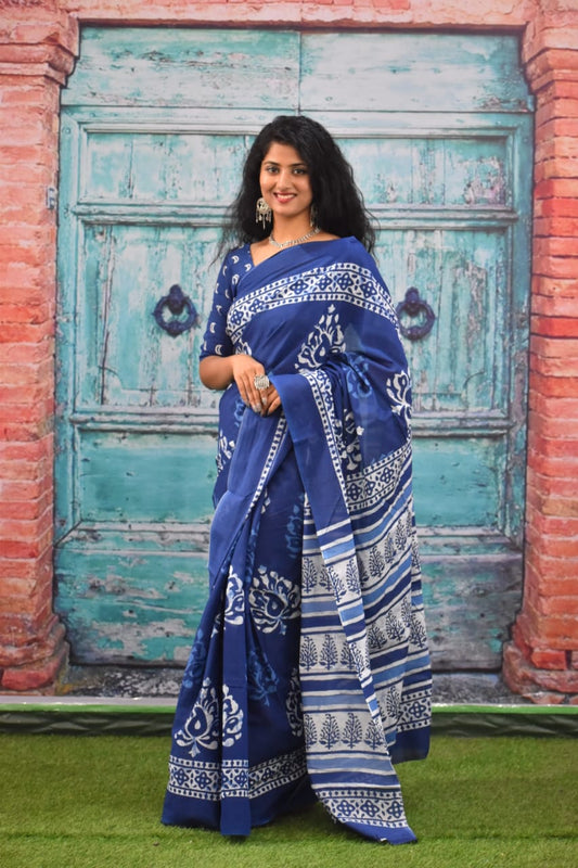 Royal Blue Pure Pure Cotton Mulmul Sarees