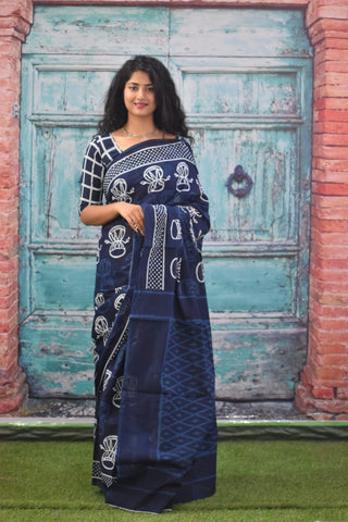 Berry Blue Pure Pure Cotton Mulmul Sarees