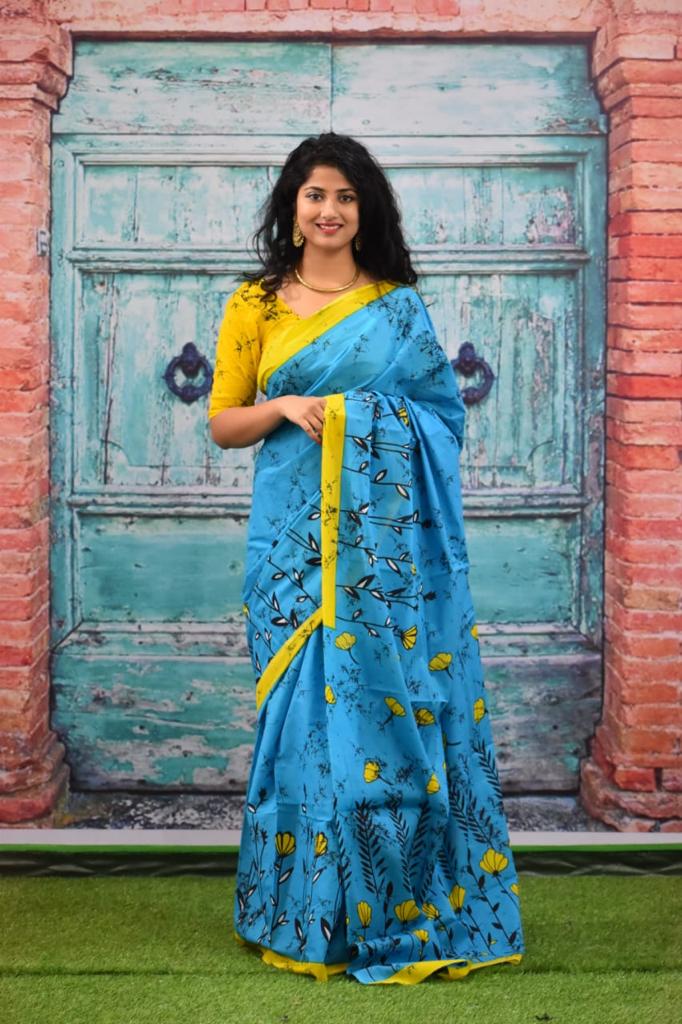 Ocean Blue And Yellow Border Pure Pure Cotton Mulmul Sarees Get Extra 10% Discount on All Prepaid Transaction