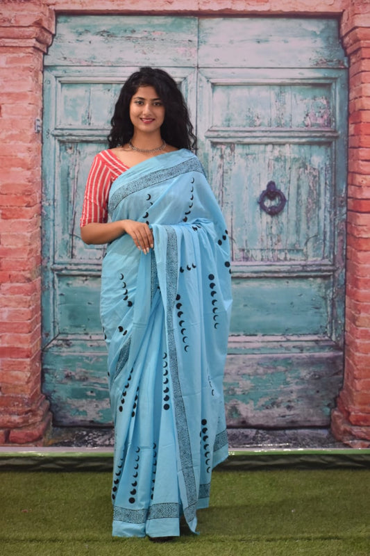 Cerulean Blue Pure Pure Cotton Mulmul Sarees