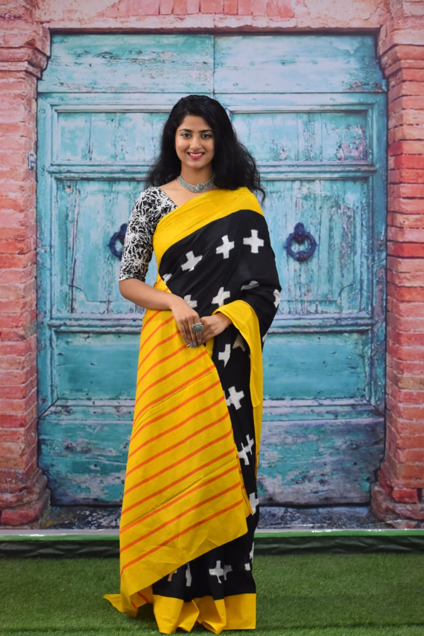 Black And Yellow Pure Pure Cotton Mulmul Sarees