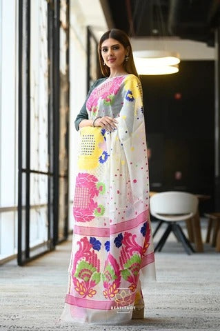 Multicolor Handwoven Dhakai Jamdani Saree Get Extra 10% Discount on All Prepaid Transaction