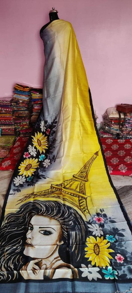 Yellow And Black Hand Painted Pure Silk Mark Certified Bishnupuri Silk Sarees