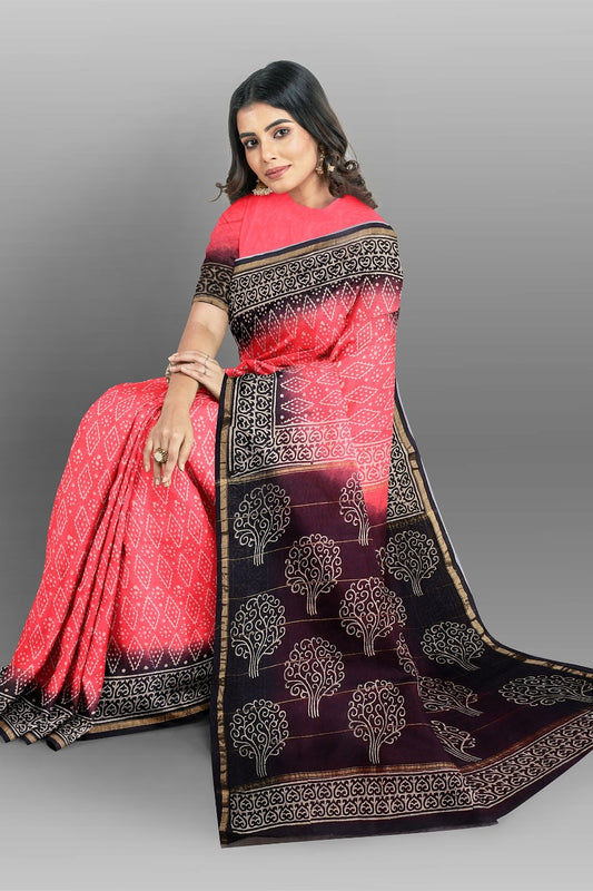 Rose Red Bagru Printed Pure Chanderi Silk Sarees