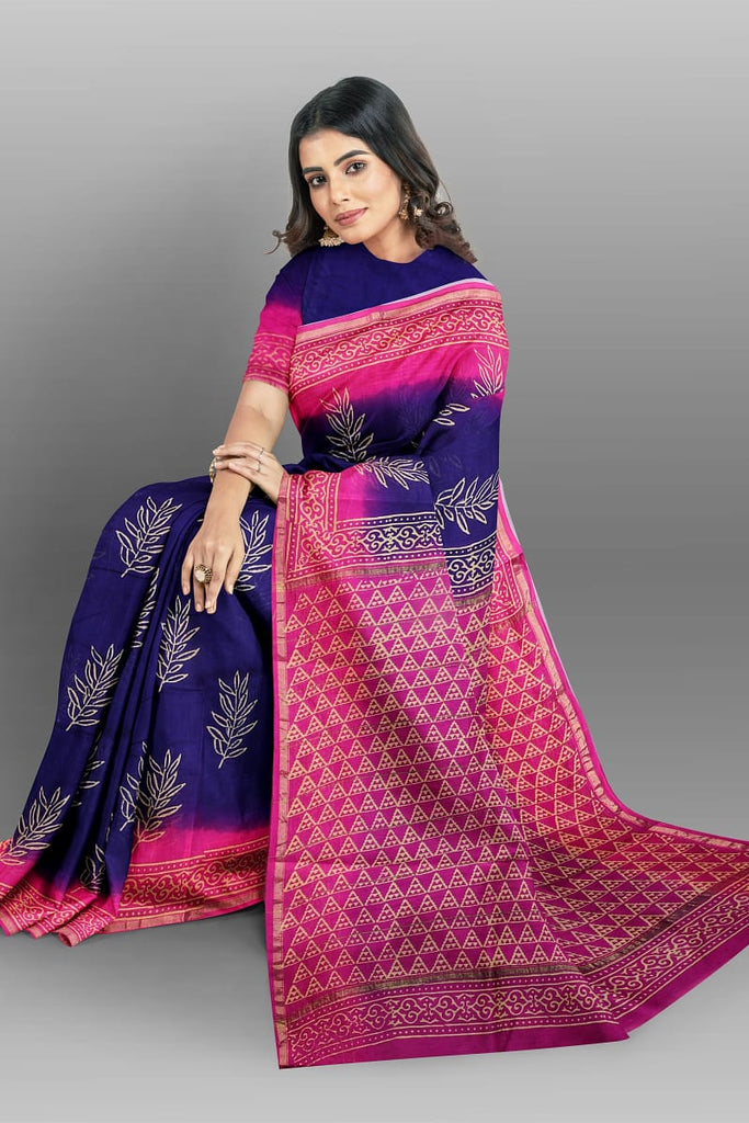Blue And Rani Bagru Printed Chanderi Silk Sarees ( FLAT 15% DISCOUNT AVAILABLE ) Limited time Offer